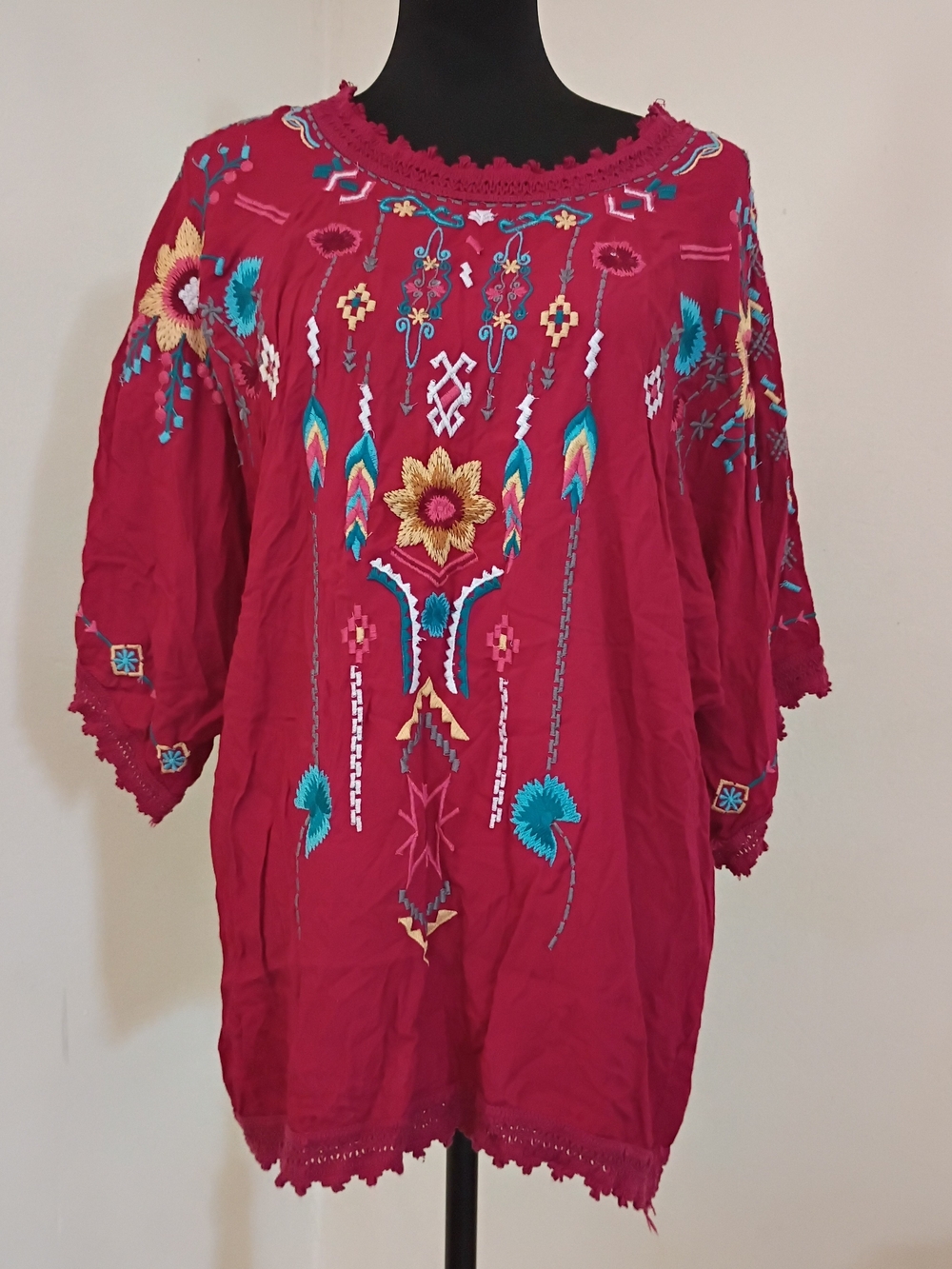 Avani Del Amour Red Embroidered Boho Tunic Top